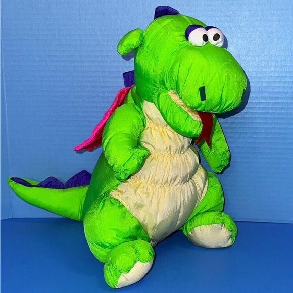 Mervyn's Playful Pals Dragon Neon Green Pink Wings Nylon 14" Plush Sound Vintage - Picture 1 of 11
